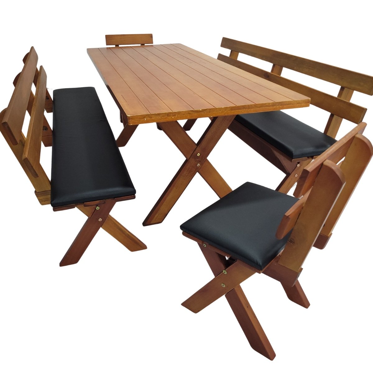 Conjunto Mesa Madeira Maciça Para Churrasco Mel com 4 bancos estofados preto