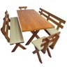02 conjunto mesa madeira macica para churrasco mesa 4 bancos estofados nude