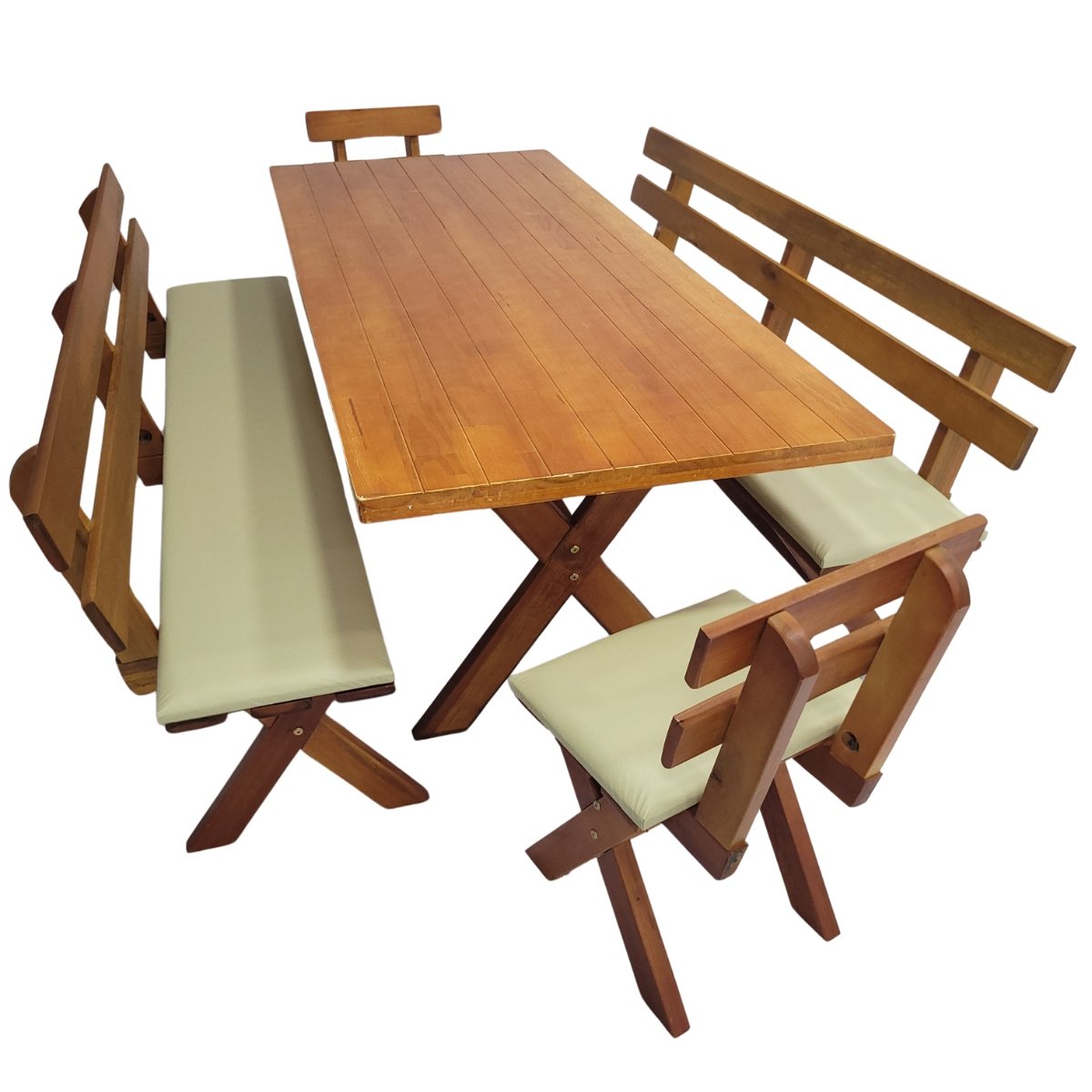 Conjunto Mesa Madeira Maci&ccedil;a Para Churrasco Mel com bancos estofados Nude