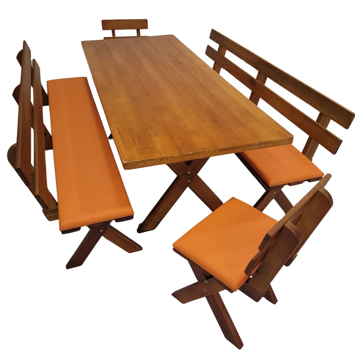 Conjunto Mesa Madeira Maci&ccedil;a Para Churrasco Mel com bancos estofados laranja