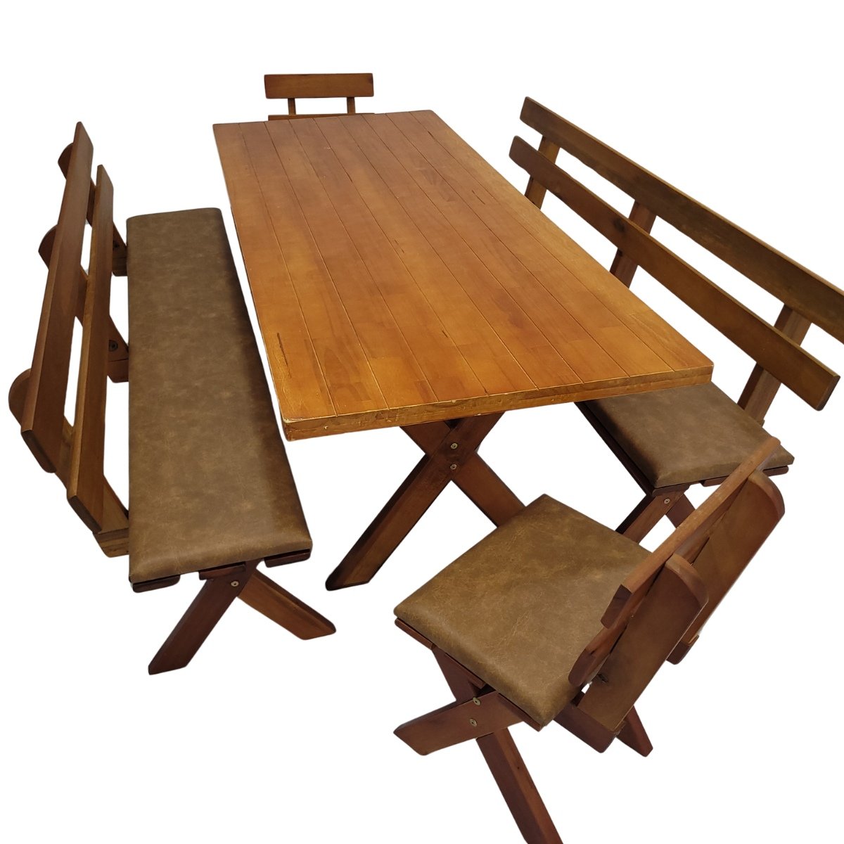 Conjunto Mesa Madeira Maciça Para Churrasco Mel com bancos estofados Jambo