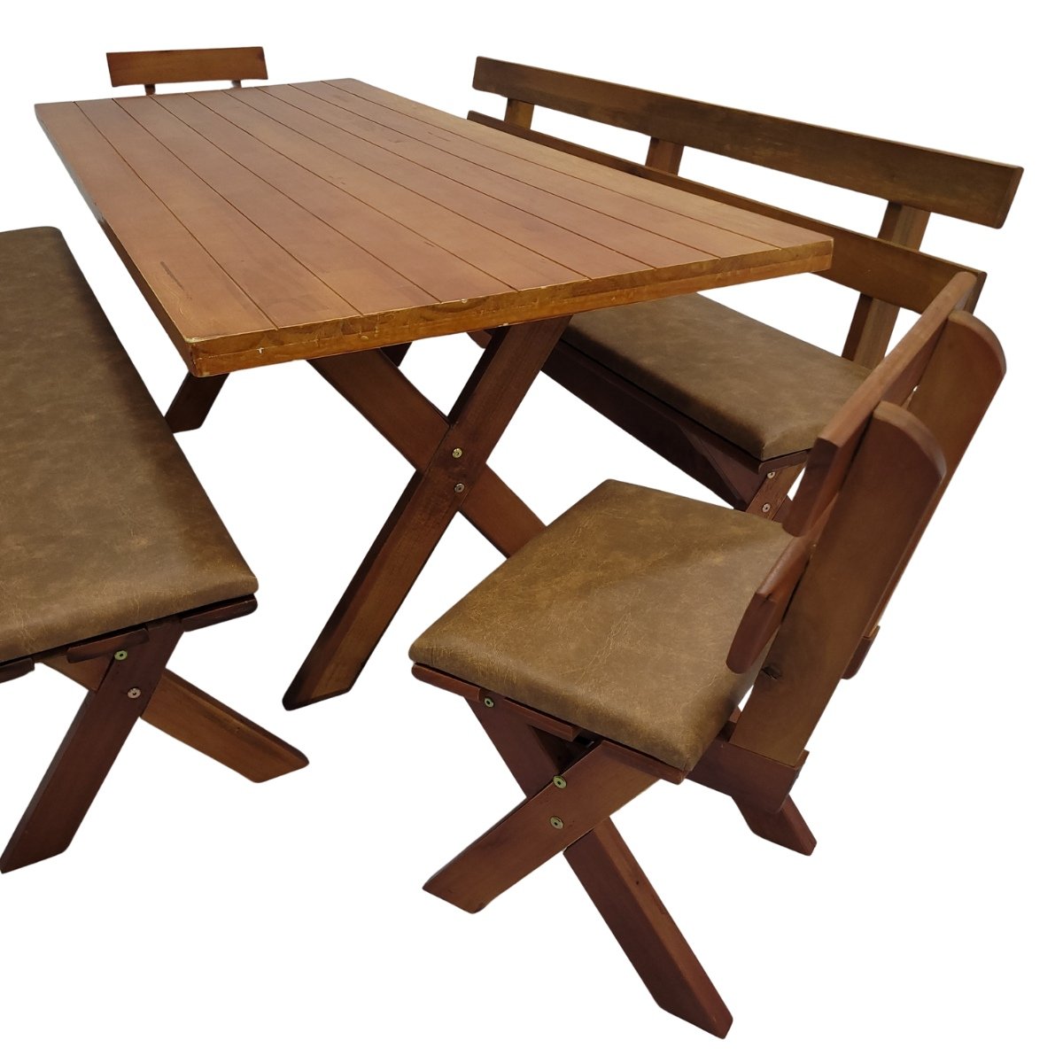 Mesa de madeira maciça Mel com bancos Jambo para área gourmet