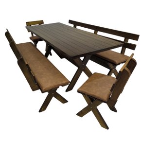 01 conjunto mesa madeira macica para churrasco mesa 4 bancos estofados jambo