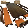 07 conjunto mesa madeira macica para churrasco mesa 4 bancos estofados laranja