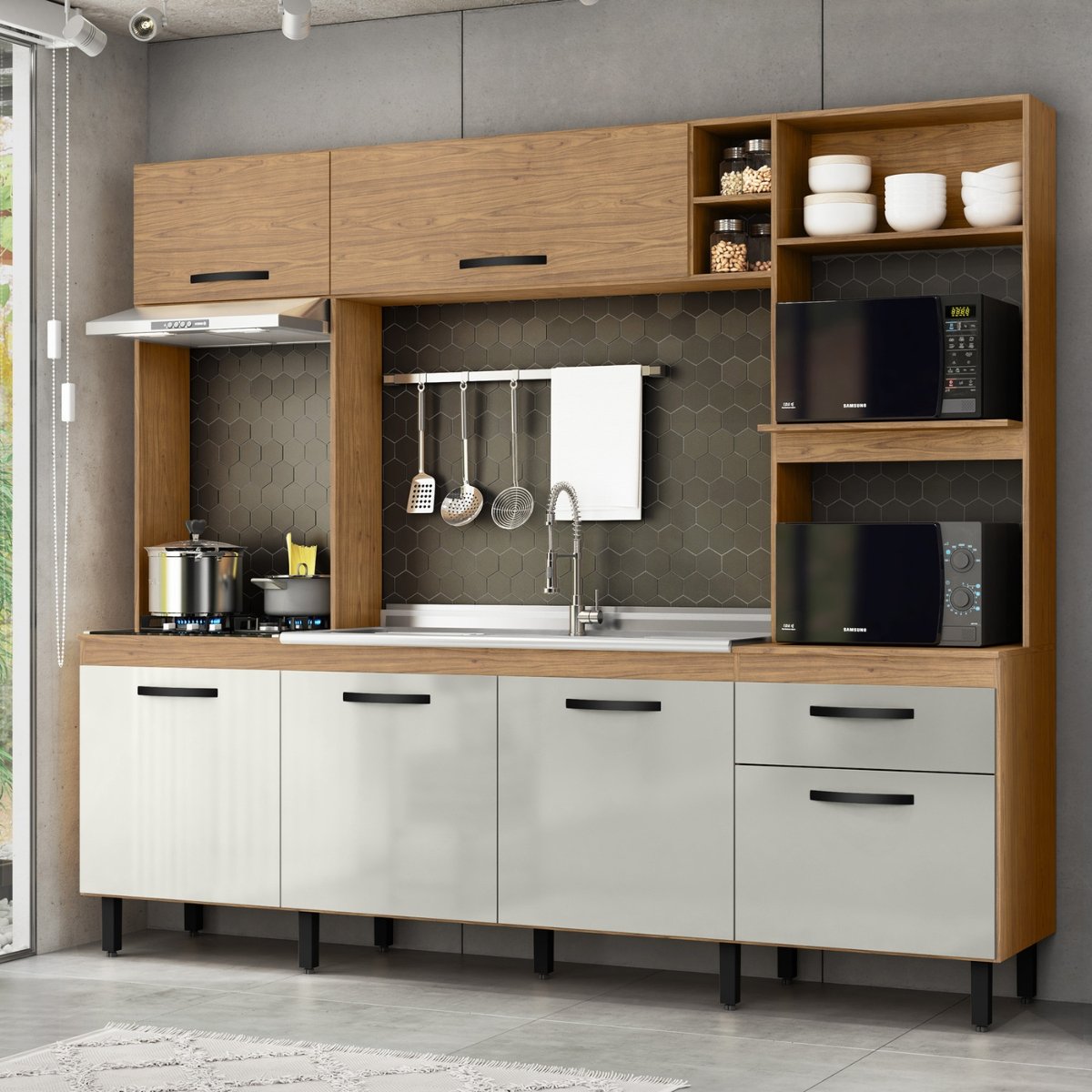 Cozinha Compacta 6 portas e gaveta Zoe - Freijó/Off White