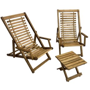 03 kit 2 espreguicadeiras de madeira com mesinha banquinho multiuso madeiral