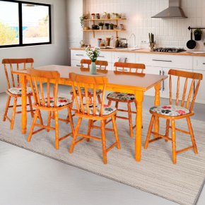 02 conjunto mesa de jantar em madeira e mdf com 6 cadeiras estofadas dalas mel floral