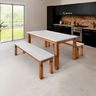 01 conjunto mesa jantar retangular de madeira mdf com 2 bancos corona cera mel branco fosco
