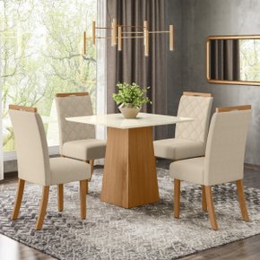 02 conjunto mesa jantar dora em laca com 4 cadeiras estofadas bella nature off white linho