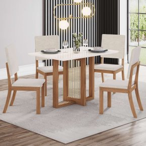 01 conjunto mesa jantar natali tampo mdf com 4 cadeiras milla nature off white linho