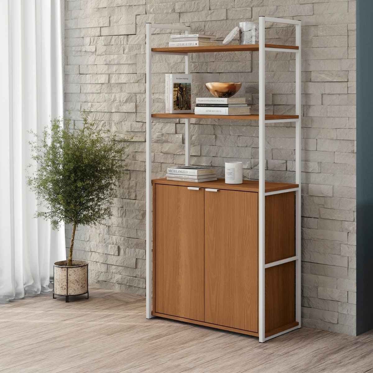 Estante Industrial de Madeira Com 5 Prateleiras - Canela/Branco