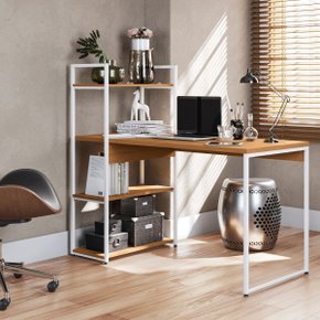 18 mesa escrivaninha industrial office c estante e prateleiras canela branco