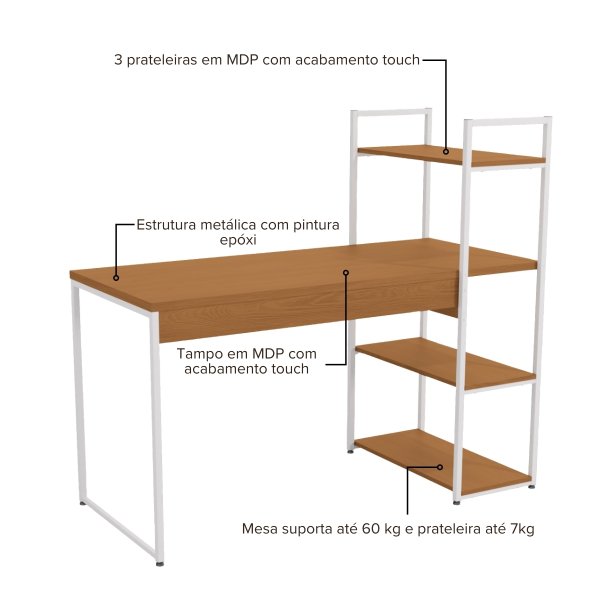 20 mesa escrivaninha industrial office c estante e prateleiras canela branco