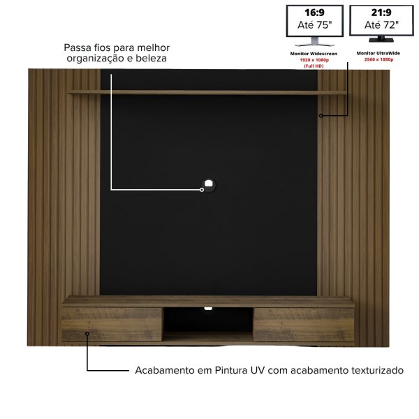 24 painel nevada tv 75 com prateleira e 2 portas pinho preto