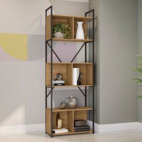 01 estante estilo industrial metal e madeira organizador 202x72cm freijo preto fosco