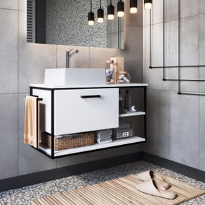 01 gabinete para banheiro suspenso com lavatorio e porta basculante mel