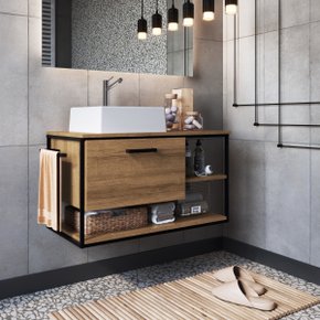 15 gabinete para banheiro suspenso com lavatorio e porta basculante mel