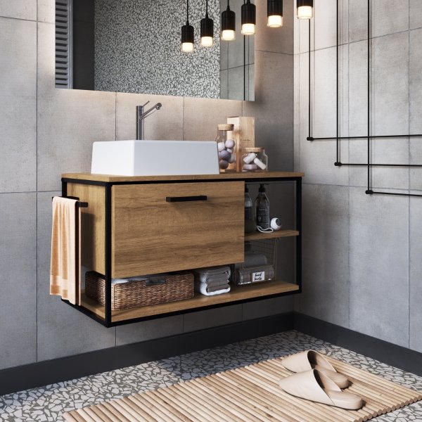 15 gabinete para banheiro suspenso com lavatorio e porta basculante mel