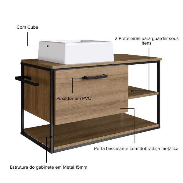 17 gabinete para banheiro suspenso com lavatorio e porta basculante mel