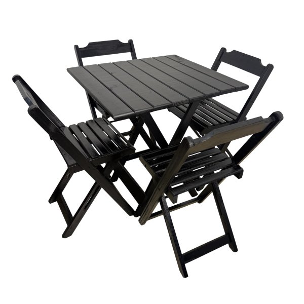01 conjunto de mesa dobravel de madeira 70x70 com 4 cadeiras retrateis