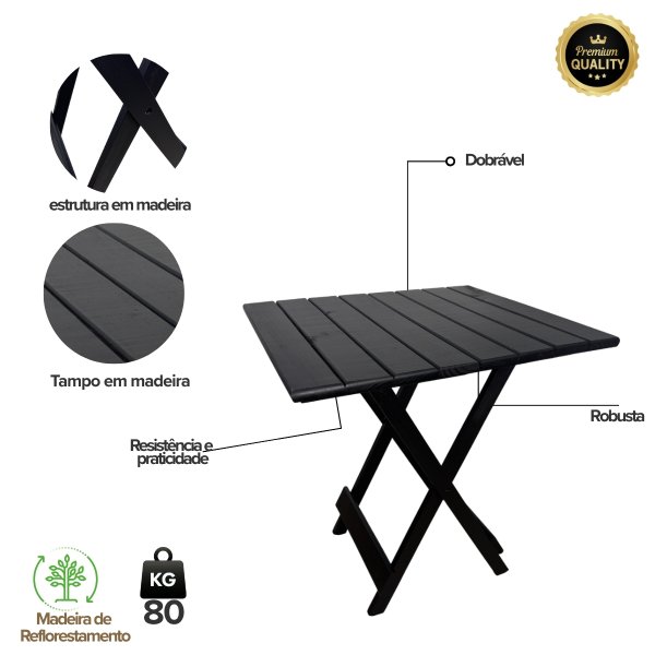 06 conjunto de mesa dobravel de madeira 70x70 com 4 cadeiras retrateis