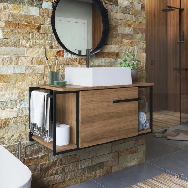 01 gabinete para banheiro suspenso industrial com cuba amestista branca