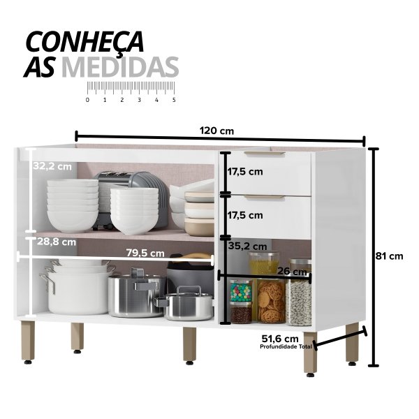 02 balcao de pia para cozinha 120cm sem cuba gloria castanho off white