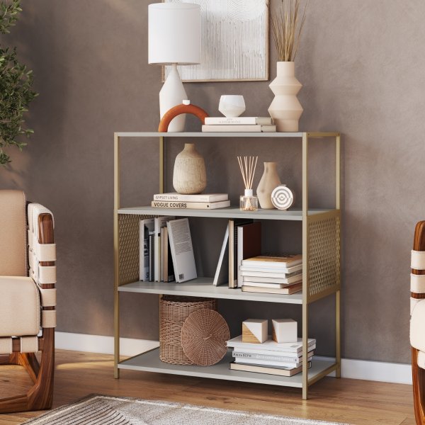 01 estante industrial e aparador com 3 prateleiras arenas dourado