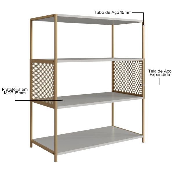03 estante industrial e aparador com 3 prateleiras arenas dourado