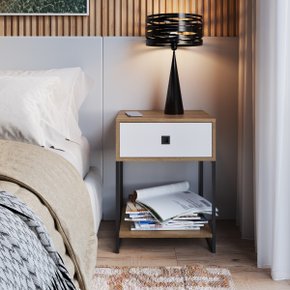 08 mesa de cabeceira e apoio lateral industrial com gaveta arenas dourado