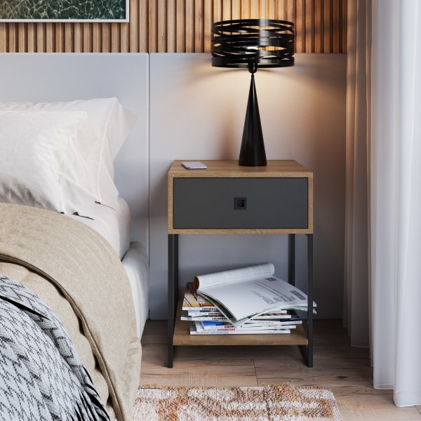 15 mesa de cabeceira e apoio lateral industrial com gaveta arenas dourado