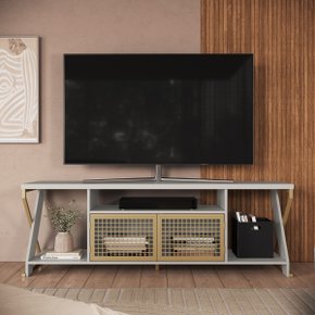 01 rack para tv 60 polegadas industrial gamer com rgb 2 portas arenas dourado