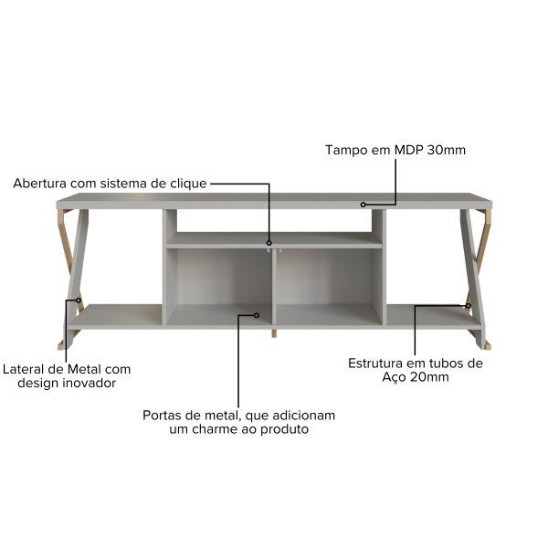 03 rack para tv 60 polegadas industrial gamer com rgb 2 portas arenas dourado