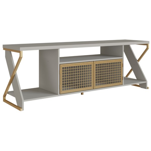 04 rack para tv 60 polegadas industrial gamer com rgb 2 portas arenas dourado