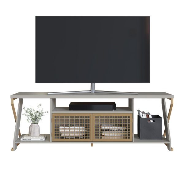 05 rack para tv 60 polegadas industrial gamer com rgb 2 portas arenas dourado