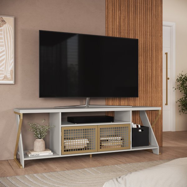 07 rack para tv 60 polegadas industrial gamer com rgb 2 portas arenas dourado