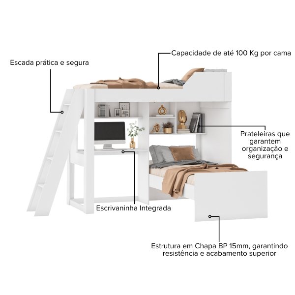 03 beliche com escrivaninha office multifuncional vivace branco