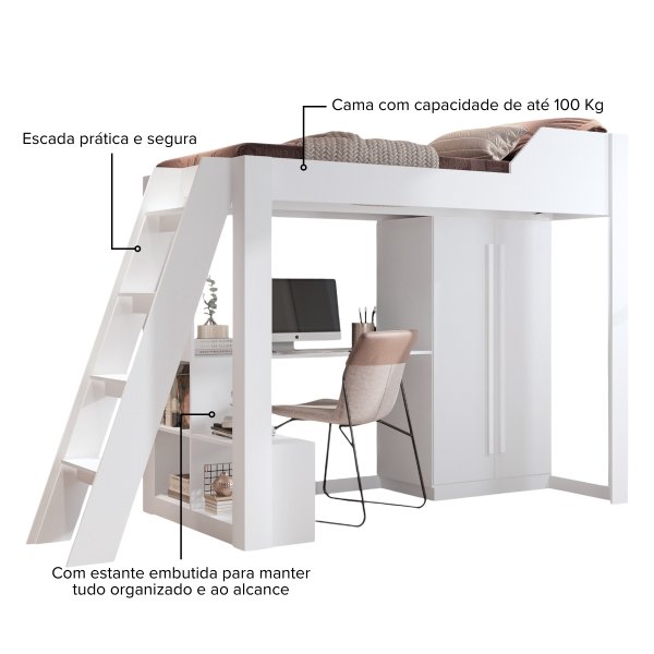 03 cama alta com escrivaninha office e roupeiro vivace