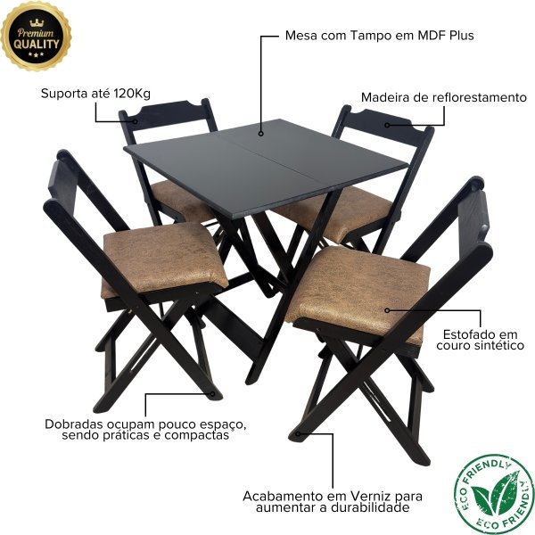 18 conjunto mesa dobravel 70x70 preto c 4 cadeiras estofadas verde