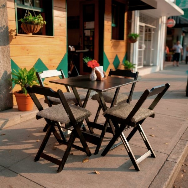 01 conjunto mesa dobravel 70x70 preto c 4 cadeiras estofadas fpf marrom