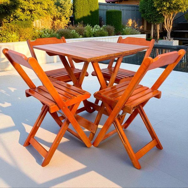 09 conjunto mesa dobravel 70x70 madeira com 4 cadeiras mel