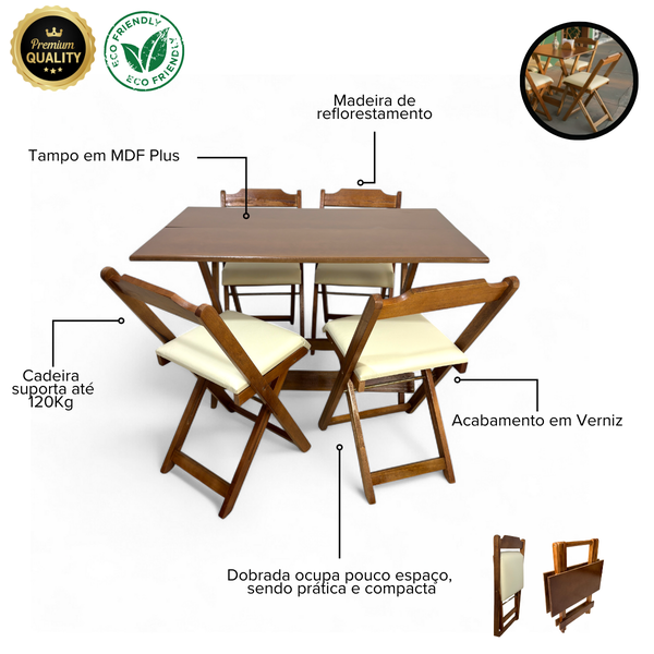 16 conjunto mesa dobravel mdf 120x70 imbuia c 4 cadeiras estofadas fpf