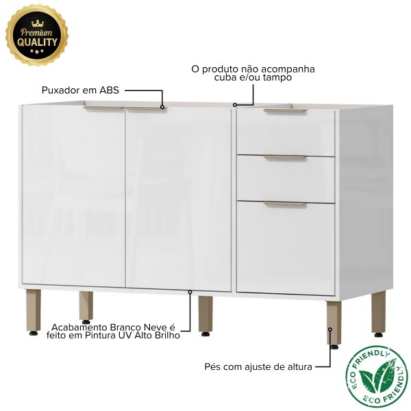 01 balcao de pia para cozinha 3 portas e 2 gavetas 120cm sem cuba e tampo gloria