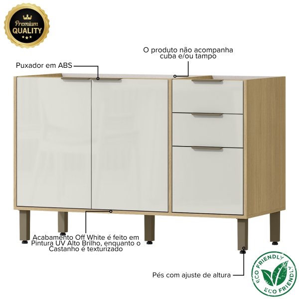 02 balcao de pia para cozinha 3 portas e 2 gavetas 120cm sem cuba e tampo gloria