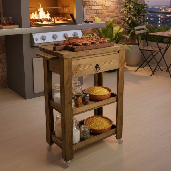 01 carrinho franca mesa de apoio rustico gaveta e 2 prateleiras