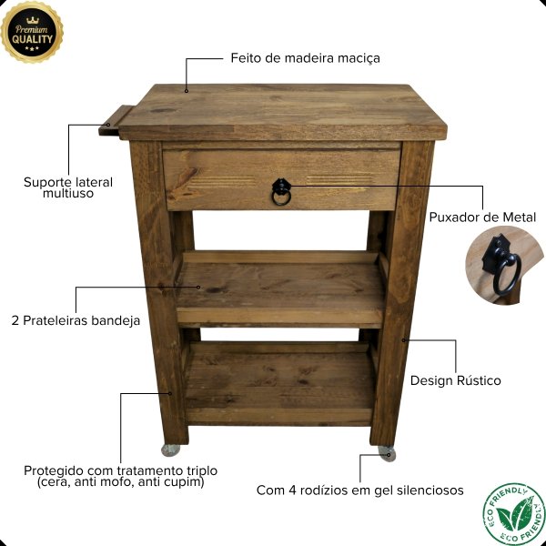 03 carrinho franca mesa de apoio rustico gaveta e 2 prateleiras