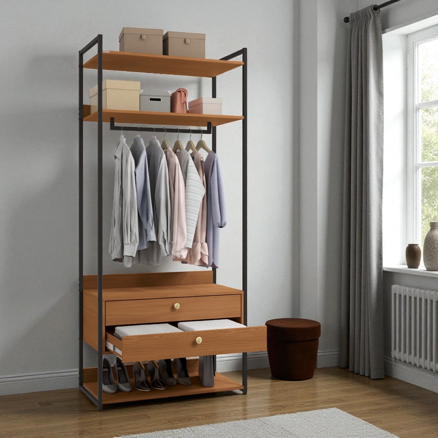 Armário Closet Aberto Industrial 2 Gavetas Canela/Preto