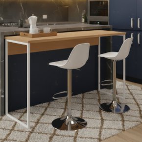 01 conjunto bancada industrial de madeira com 2 banquetas estofadas icaro