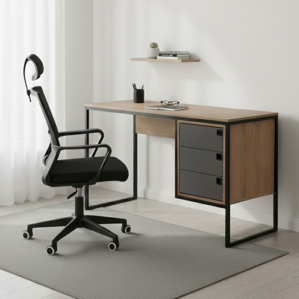 04 conjunto home office industrial escrivaninha com gaveteiro e cadeira executiva pro