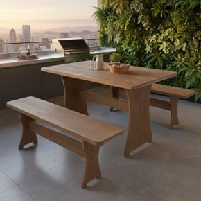 01 kit conjunto mesa rustica com 2 bancos franca 1 20m